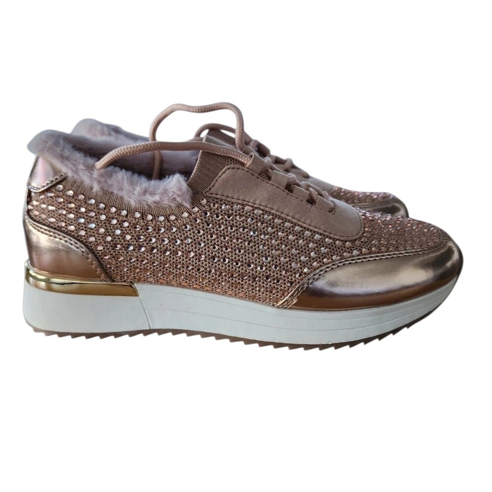 Reaction Kenneth Cole Womens Size 6 Rose Gold Rhinestone Faux Fur Sneakers